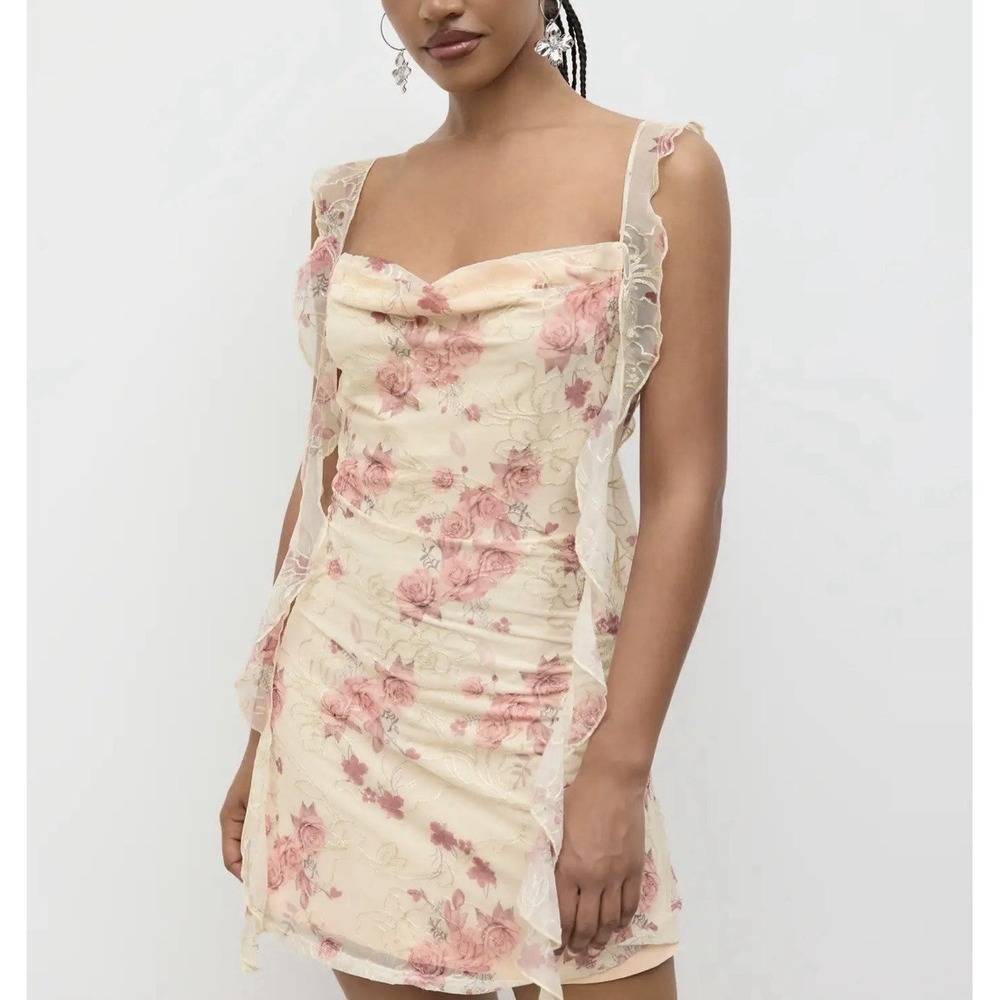 Cider COWL NECK FLORAL RUFFLE HEM MINI DRESS Sz Medium